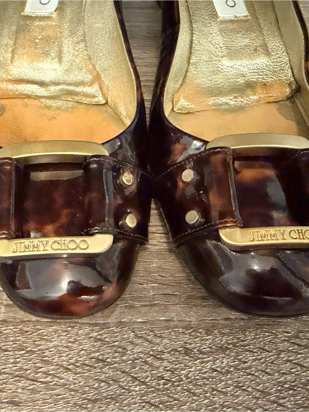 Vintage Jimmy Choo Tortoiseshell Brown Pumps Gold Block Heel & Hardware -Size 40 - Picture 4 of 10